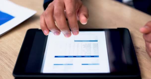Hand Businessman Tablet Data Report User Interface Charts Graphs Desk — Stock Video