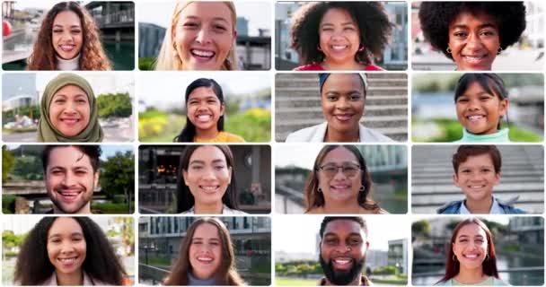 ハッピーで多様性があり コミュニティー 多文化および国際的なグループのためのコラージュに直面しています 男性と女性のモンテージ コレクション 肖像画は 文化と都市で笑顔 — ストック動画