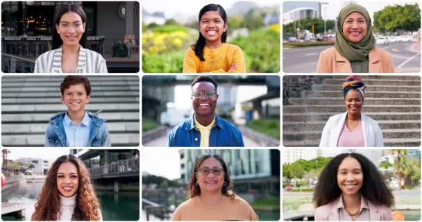 对社区 多元文化和国际群体充满微笑的人们的大学生活 多样性和面孔 城市中快乐 自豪和有文化的男人和女人的蒙太奇 收藏和肖像 — 图库视频影像