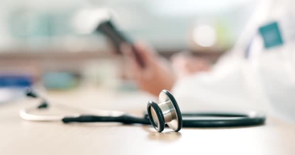 Healthcare, zoom and stethoscope with doctor, hands and tablet in consultation office. Hospital, closeup or health expert person for online, consulting or clinic, schedule or faq management checklist.