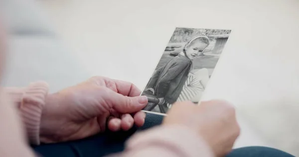 Senior Woman Holding Photo Memory Hands Remembering Child Closeup Retirement — Stock Photo, Image