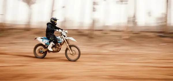 Motorkerékpár Sebesség Mozgás Elmosódás Egy Sport Ember Űrben Erdőben Dirt — Stock Fotó