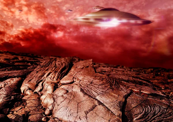 Ufo Mørke Rumskib Det Ydre Rum Mars Planet Med Science - Stock-foto