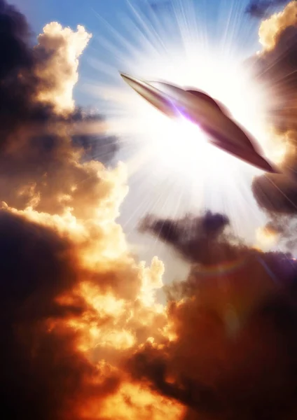Ufo Främmande Rymdskepp Och Moln Himlen Hastighet Och Interstellära Transporter — Stockfoto