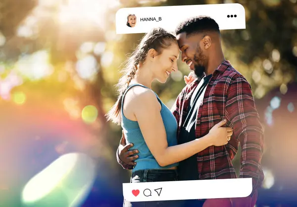 Social media post, nature and a couple with a hug for a marriage, relationship or bonding. Interracial, happy and a black man with care for a woman with an update on date on an app in a park.