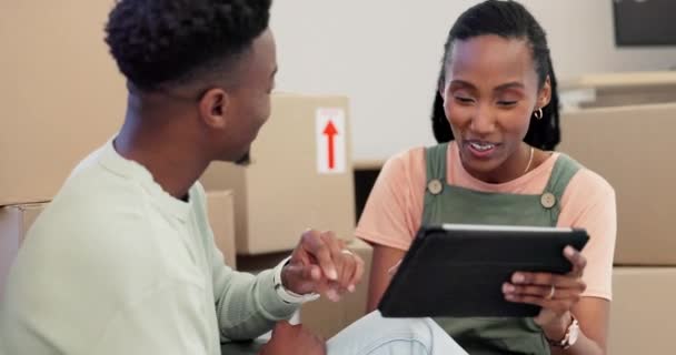 Tablet High Five Black Couple Laughing While Moving House Together — Stock Video