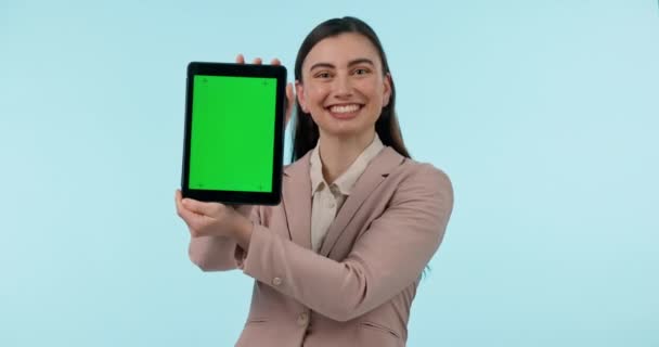 Tablet Schermo Verde Sorriso Con Una Donna Affari Che Mostra — Video Stock
