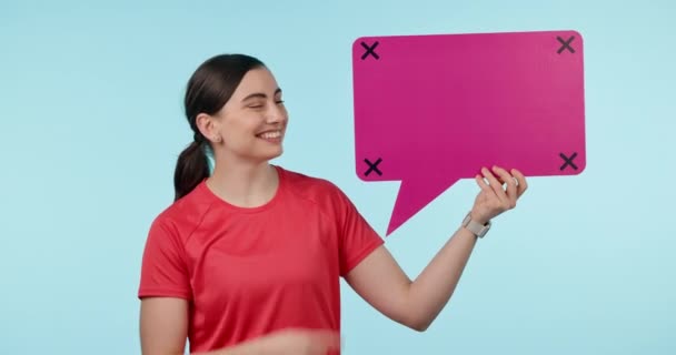 Gelukkig Vrouw Gezicht Met Spraakzeepbel Chatten Citeren Sociale Media Studio — Stockvideo