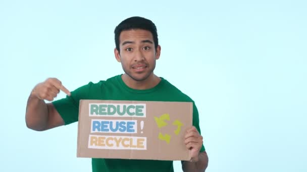 Charity Poster Recycling Volunteer Man Blue Background Studio Promote Conservation — Stock Video