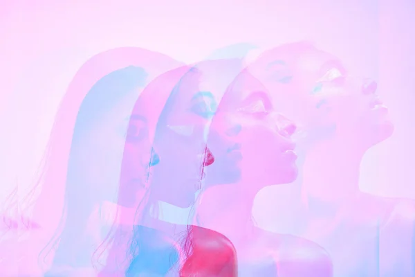 Neon Dubbel Exponering Och Kvinnlig Profil Med Konst Kreativ Och — Stockfoto