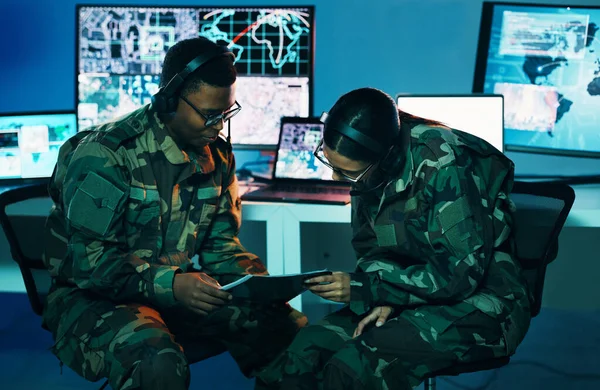 Military control room, tablet or team monitor CCTV, army database server or online surveillance system. Data center, soldier collaboration or people teamwork on crime report, safety or security intel.