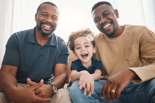 Happy, black family and portrait with child, grandfather and dad in home, living room and happiness on sofa with love. Grandparent, father or boy smile together on couch in apartment lounge or house.