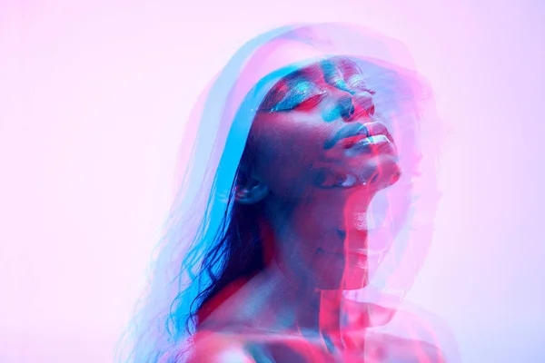 Neon Dubbel Exponering Och Kvinna Ansikte Med Art Deco Kreativ — Stockfoto