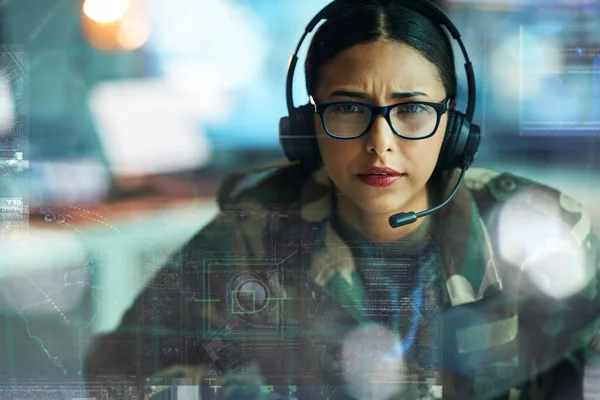 Portrait, army communication and double exposure with a woman user online for location or tactical strategy. Map, dashboard or interface with a young military person talking to a soldier on a headset.