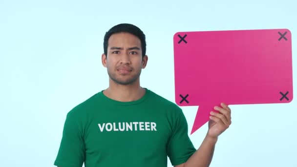 Voluntario Duda Hombre Con Burbuja Del Habla Redes Sociales Marcadores — Vídeo de stock
