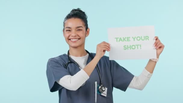 Медсестра Щасливе Обличчя Вакцинація Знімають Знак Жінки Вказує Здоров Охорону — стокове відео