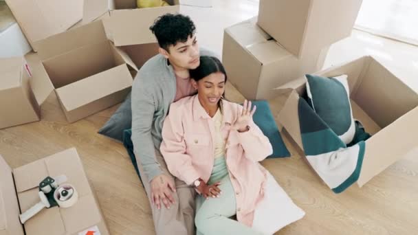 Mutlu Çift Gayrimenkul Planlama Yenileme Oturma Odasının Üstündeki Yeni Eve — Stok video