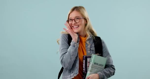 Mujer Estudiante Nerd Gafas Con Libros Ciencia Sonrisa Retrato Con — Vídeos de Stock