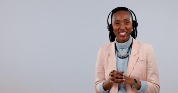 Mulher Negra Feliz Call Center Consultoria Mockup Atendimento Cliente Contra — Vídeo de Stock