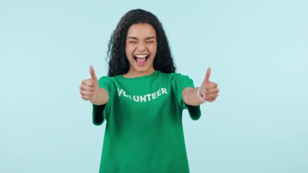 Thumbs Smile Motivation Woman Volunteer Studio Blue Background Charity Community — Stock Video