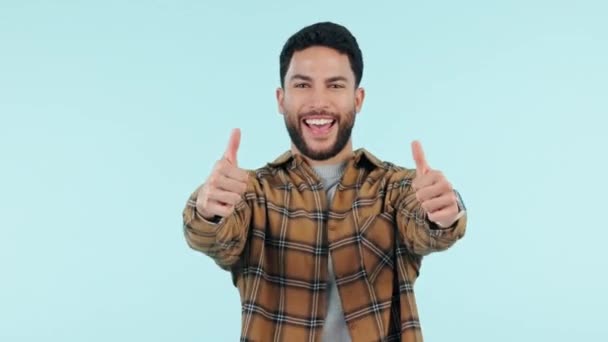 Hombre Feliz Pulgares Hacia Arriba Ganar Éxito Gracias Buen Trabajo — Vídeos de Stock