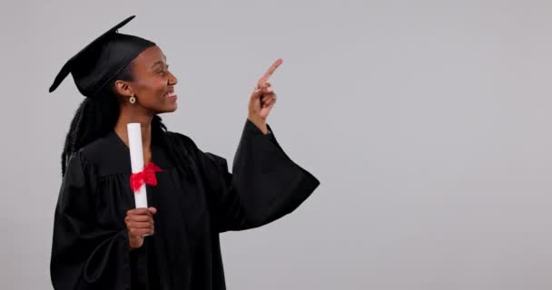 Black Woman Graduation Pointing Mockup Certificate Advertising Studio Background Portrait — Stock Video