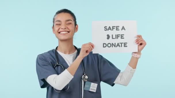 Doneren Teken Vrouw Gezicht Van Verpleegster Met Poster Voor Bloed — Stockvideo
