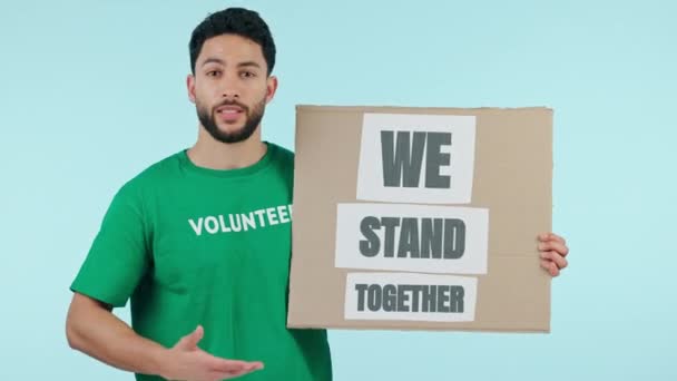 Teken Community Service Man Vrijwilliger Aanwezig Activisme Plakkaat Eco Support — Stockvideo