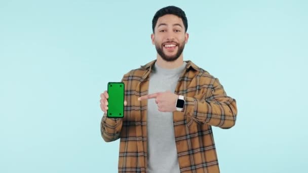 Glücklicher Mann Gesicht Oder Grüner Bildschirm Auf Einem Telefon Für — Stockvideo