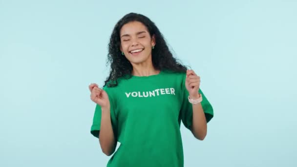Volunteer Dancing Woman Studio Excited Win Donation Celebration Fun Energy — Stock Video