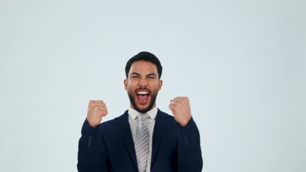 Cara Hombre Negocios Emocionado Por Éxito Estudio Para Celebrar Beneficio — Vídeo de stock