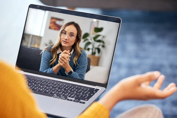 Woman, video call and therapy on laptop screen for support, advice or helping with mental health in online meeting. Virtual psychologist or therapist talk or listening to client questionson computer.