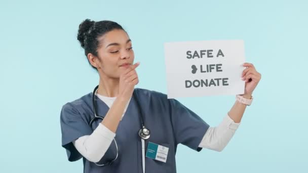 Donate Sign Woman Face Nurse Advertising Poster Blood Organ Healthcare — Stock Video