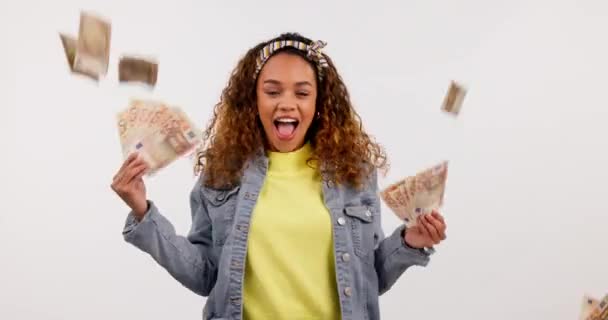 Kvinna Vinnare Och Pengar Regn För Framgång Vinna Och Lotteri — Stockvideo