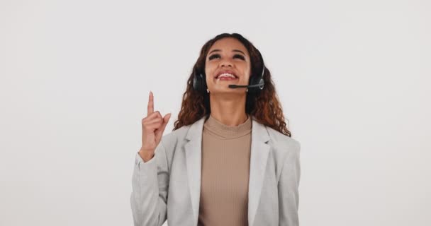 Call Center Woman Pointing Headset Studio Crm Advice Advertising Portrait — Stock Video