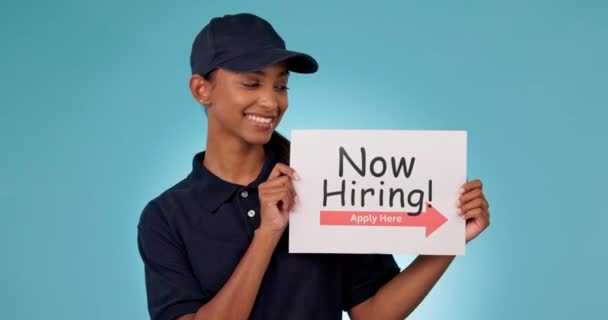 Happy Woman Poster Hiring Sign Advertising Job Career Opportunity Studio — Stock video
