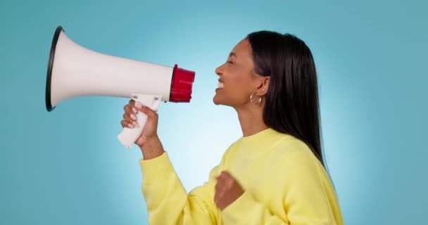 Profile Protest Woman Shouting Studio Blue Background Freedom Megaphone Change — Stock Video