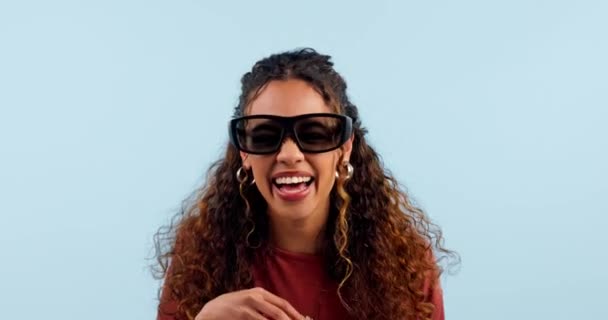 Woman Glasses Laugh Popcorn Studio Comedy Movie Joke Blue Background — Stock Video