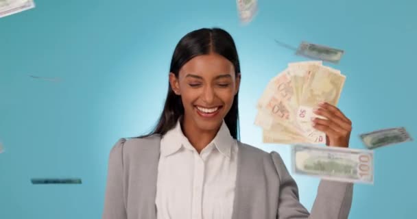Penger Fan Business Eller Lykkelig Kvinne Med Suksess Lotteri Jackpot – stockvideo