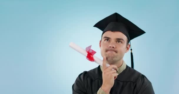Graduation Man Thinking Studio Ideas Choice Diploma Achievement Goal Blue — Stock Video