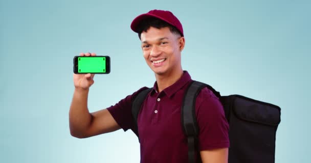 Телефон Зелений Екран Або Щасливий Чоловік Доставки Студії Дисконтною Угодою — стокове відео