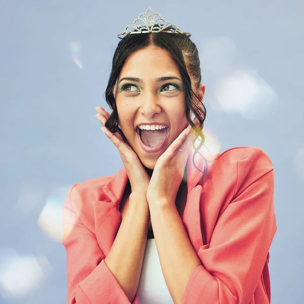 Wow Beauty Portrait Woman Crown Studio Glamour Luxury Winning Glitter — Stock Photo, Image