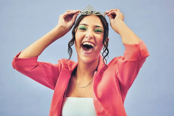 Fashion Excited Portrait Woman Crown Studio Glamour Luxury Winning Prize — Stock Photo, Image