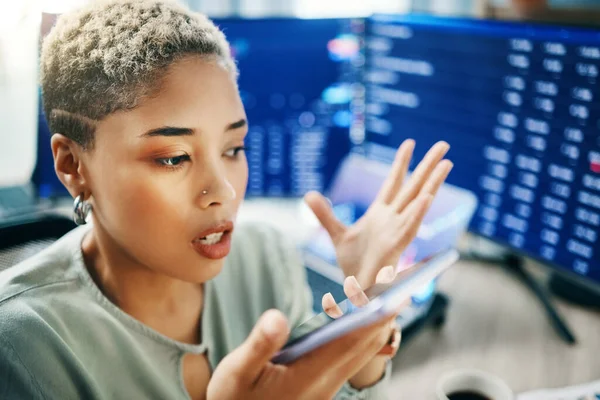 stock image Frustrated woman, phone and speaker in trading, fail or mistake from stock market crash at office. Broker in debt, stress or anxiety talking or recording voice note on smartphone after bad investment.