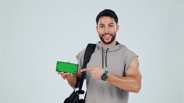 Позначте Людину Телефон Вкажіть Зелений Екран Додаток Або Макет Фітнесу — стокове відео