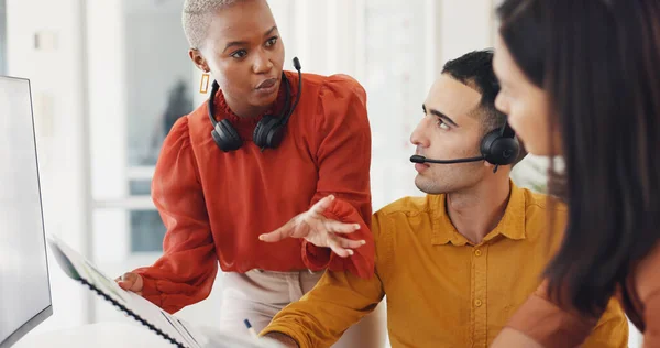 Documents, woman or call center team training with sales consultants for customer support. Diversity, teamwork or leader teaching in conversation for telecom or crm management, coaching or education.