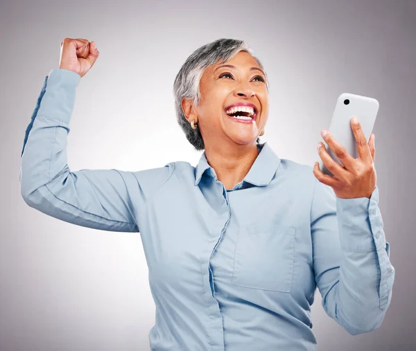 Mujer Negocios Wow Celebración Telefónica Para Éxito Poder Con Las —  Fotos de Stock
