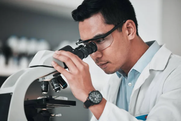 Man Scientist Microscope Forensic Science Research New Discovery Laboratory Male — Stock Photo, Image