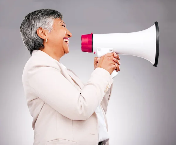 Business Woman Megaphone Voice Announcement Broadcast News Human Resources White Royalty Free Stock Images