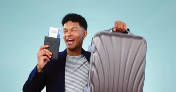 Happy Dance Plane Ticket Man Travel Suitcase Excited Journey Energy — Stock Video